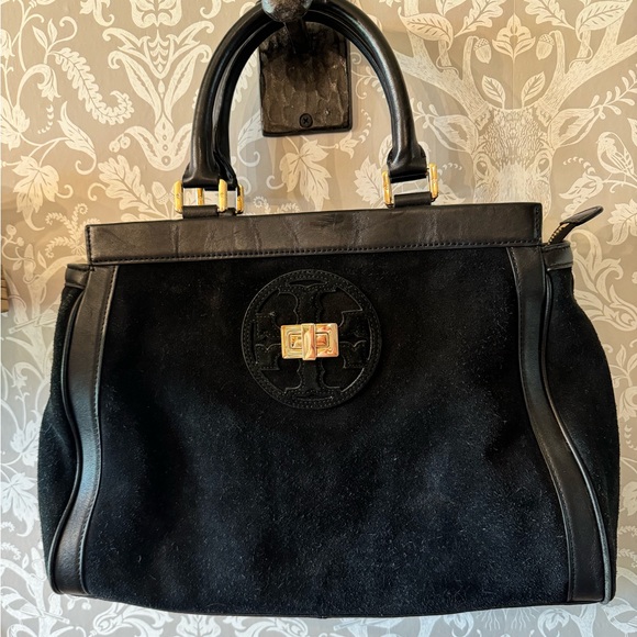 Tory Burch Handbags - Tory Burch Gloria Satchel Black Suede with Leather Trim and Handles
